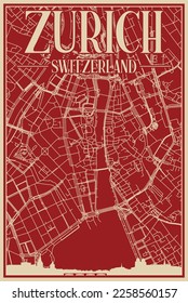 Red hand-drawn framed poster of the downtown ZURICH, SWITZERLAND with highlighted vintage city skyline and lettering