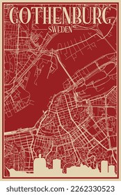 Red hand-drawn framed poster of the downtown GOTHENBURG, SWEDEN with highlighted vintage city skyline and lettering