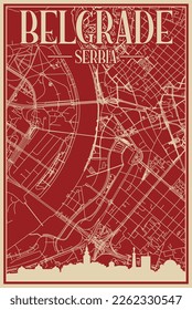 Red hand-drawn framed poster of the downtown BELGRADE, SERBIA with highlighted vintage city skyline and lettering