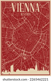 Red hand-drawn framed poster of the downtown VIENNA, AUSTRIA with highlighted vintage city skyline and lettering