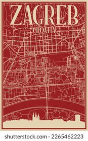 Rotes, handgezeichnetes Plakat aus der Innenstadt ZAGREB, KROATIEN mit markierten Skylines und Schriften aus der Vintage