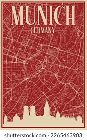 Red hand-drawn framed poster of the downtown MUNICH, GERMANY with highlighted vintage city skyline and lettering