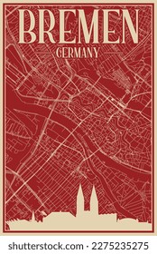 Rot handgezeichnetes Plakat aus der Innenstadt BREMEN, DEUTSCHLAND mit markierten Skyline und Schrift