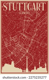 Red hand-drawn framed poster of the downtown STUTTGART, GERMANY with highlighted vintage city skyline and lettering