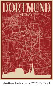 Afiche enmarcado dibujado a mano en el centro de DORTMUND, ALEMANIA, con resaltado paisaje de ciudad vintage y letras