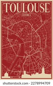 Red hand-drawn framed poster of the downtown TOULOUSE, FRANCE with highlighted vintage city skyline and lettering