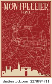 Red hand-drawn framed poster of the downtown MONTPELLIER, FRANCE with highlighted vintage city skyline and lettering
