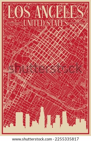 Red hand-drawn framed poster of the downtown LOS ANGELES, UNITED STATES OF AMERICA with highlighted vintage city skyline and lettering