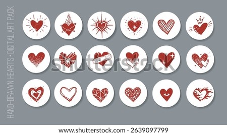 Red hand-drawn heart doodles on white round stickers with shadow effect, displayed on a gray background