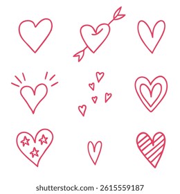 Red Hand-Drawn Hearts Doodle Set