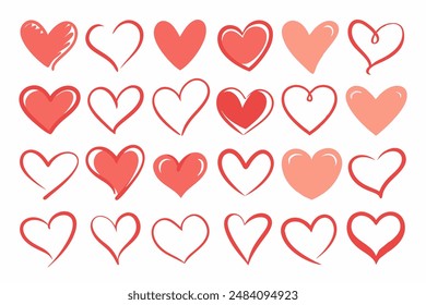 Red handdrawn hearts with keywords on white backdrop on various topics