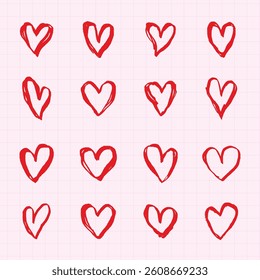 Red hand-drawn hearts pattern on a light pink grid background. Repeated heart motifs create a playful, romantic design. Perfect for Valentine's Day themes. Cute hand drawn Valentine's Day vector set.