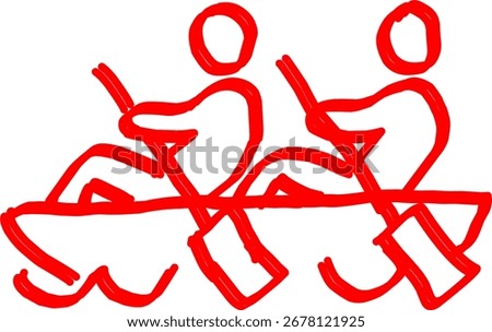 Red hand-drawn illustration of two people rowing a boat with paddles on water, symbolizing teamwork, adventure, canoeing, kayaking, and outdoor sports activity.
