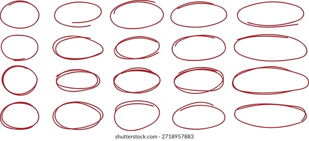 Conjunto de círculo ovalado dibujado a mano rojo con contornos de estilo de boceto sobre fondo blanco. Anillos marcadores simples y Formas de elipse ásperas para resaltado, anotación y Elementos de diseño. Perfecto para infografías, notas y proyectos gráficos.
