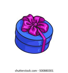 Red hand-drawn round gift box with bow and ribbon, sketch style vector illustration isolated on white background. Xmas, birthday, Valentine present, gift, surprise, decoration element