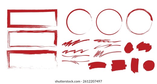 Red Hand-Drawn Shapes and Brush Stroke Elements on White Background