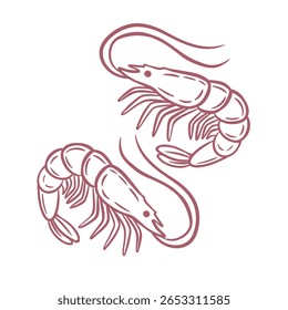 Ilustração de camarão desenhado à mão vermelha. Elemento de frutos do mar elegante perfeito para menus de restaurantes, marca culinária, embalagens e projetos com temática oceânica.