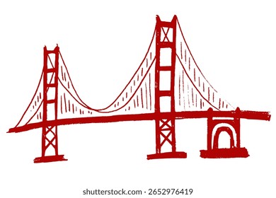 Croquis rouge dessiné à la main du Golden Gate Bridge à San Francisco, isolé sur fond blanc, avec un style à texture rugueuse.