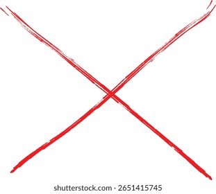 Red hand-drawn X cross brush stroke vector, Ideal for cancel, error, rejection symbols in web, UI, and infographic design. Clean isolated vector.