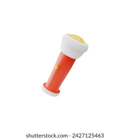 Red handheld camping flashlight 3D style, vector illustration isolated on white background. Decorative design element, portable item for expedition and journey