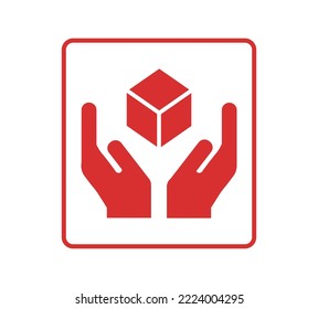 Mano roja con vector de signos de cuidado. Concepto de embalaje.
