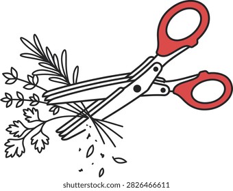 Red handle kitchen shears cutting fresh green culinary herbs in this simple stylized vector graphic illustration