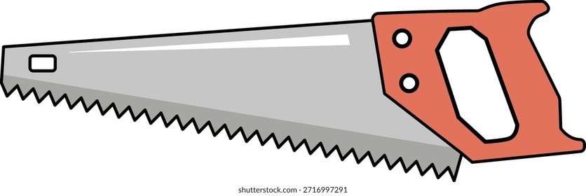 Red handled hand saw with grey metal blade and sharp teeth tool cutting