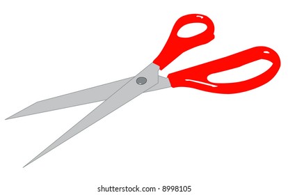 red handled scissors on white background - vector