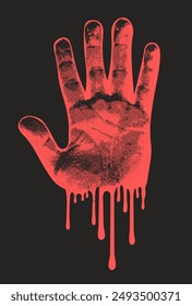 Red handprint with dripping effects. Halftone collage. Modern Y2K mixed media. Ideal for horror themes, Halloween designs, and edgy artistic projects seeking a creepy, unsettling vibe. 
