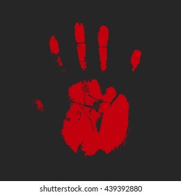 Red handprint on black background. Dangerous illustration with fingerprint. Vector illustration