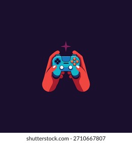 Red hands grip a blue video game controller with orange buttons against a dark purple background. A purple star graphic hovers above.
