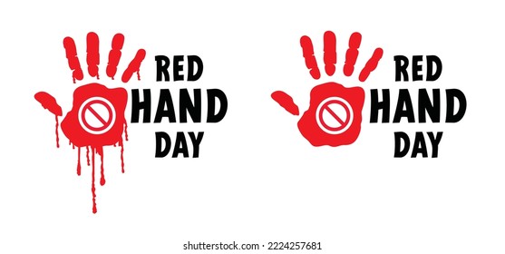 Rote Hände für den Tag der roten Hand. Paint hand oder handdruckende Silhouette. Februar, Kampagne, beenden Sie den Einsatz von Kindersoldaten. Hilf, Kindesmissbrauch zu stoppen. 