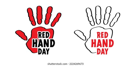 Red hands for Red hand day. Paint hand or handprint silhouette. February, campaign, end the use of child soldiers. Help to stop child abuse. Show your red hand to the world. Stop childeren in the war