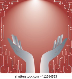 red hands holding and lighting technology art background vector