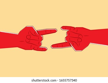 red hands making Devil's horns, single line drawing, Rock n roll sign, line art style sign, vector isolated on beige background