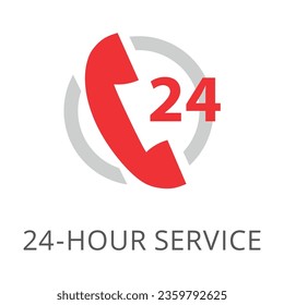 Red handset symbol of round clock 24 hour service isolated on white. Colored flat vector icon of hotline symbol. Computer and mobile devices interface concept