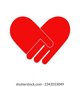Icono de apretón de manos rojo en forma de corazón aislado en fondo blanco.