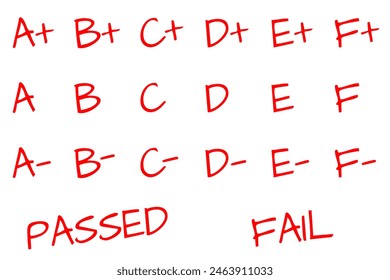 red handwritten all education letter grades, homework score vector set