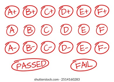 Rojo Manuscrito Todos los grados de la letra de la educación, conjunto de Vector de puntuación de tarea