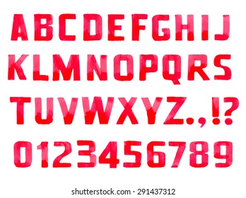 Red handwritten font sans serif and figures