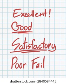 Red handwritten grading feedback words excellent good satisfactory poor and fail on grid paper. Vector illustration