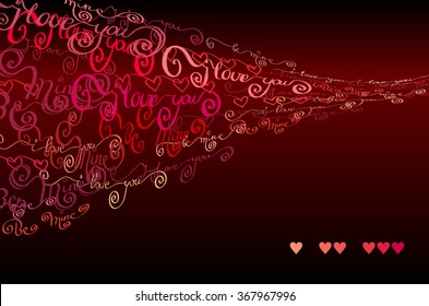 Red handwritten I love you words and hearts shapes gust design background. Love Valentines background. Curl typography design. Red handwritten blown letters on dark background. Vector illustration