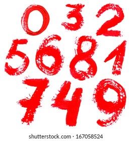 Red handwritten numbers on  white background. Acrylic  colors.  Vector Illustration.