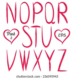 Red handwritten textured letters on white background. VectorABC. Acrylic design.Editable template.