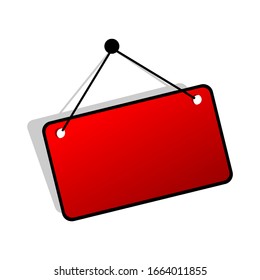 Red hanging board sign and rope on white background