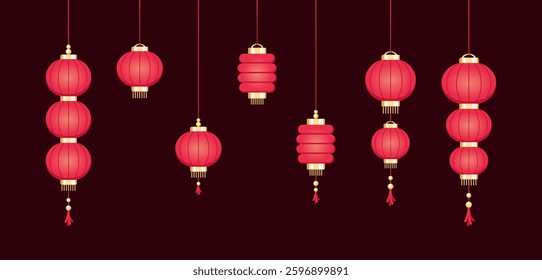 Red Hanging Chinese Lantern Set, Lunar New Year and Mid-Autumn Festival Decoration Graphic. Decorations for the Chinese New Year. Chinese lantern festival.