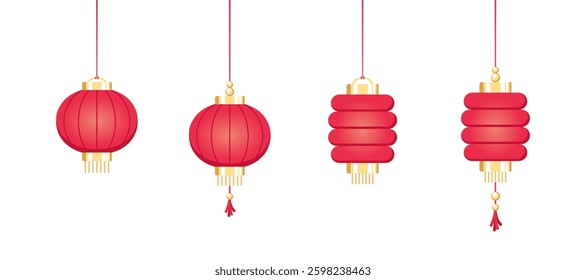 Red Hanging Chinese Lantern Set, Lunar New Year and Mid-Autumn Festival Decoration Graphic. Decorations for the Chinese New Year. Chinese lantern festival.