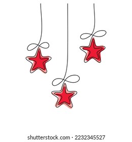 Red hanging Christmas tree star ornament. Vector one line continuous illustration. Winter holiday hand drawn linear icons. Festive design, print, poster, postcard, New Year greeting card.