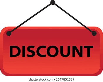 Red hanging discount sign vector for retail promotions, online sales, and store advertising. Ideal for banners, flyers, and ecommerce websites. Bold, simple, and attention-grabbing design.