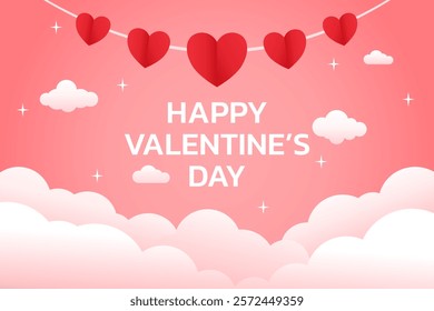 Red hanging hearts on a light pink background with fluffy clouds and white stars. Design for Valentine’s day festival, or love-themed projects. Vector illustration.